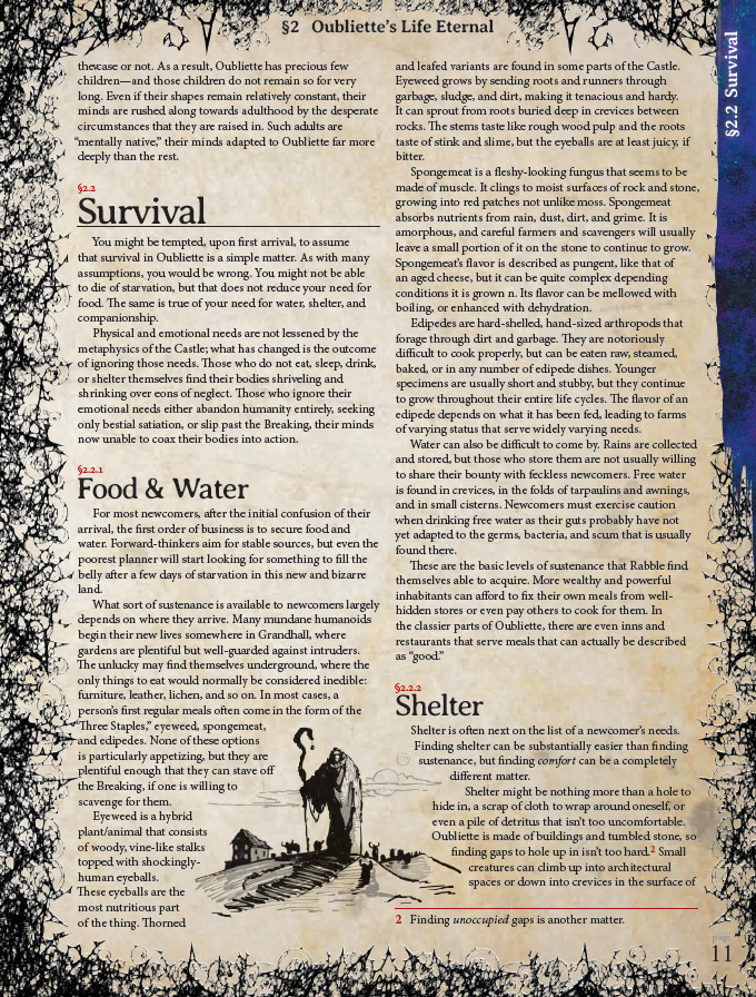 oubliette survival, food and water