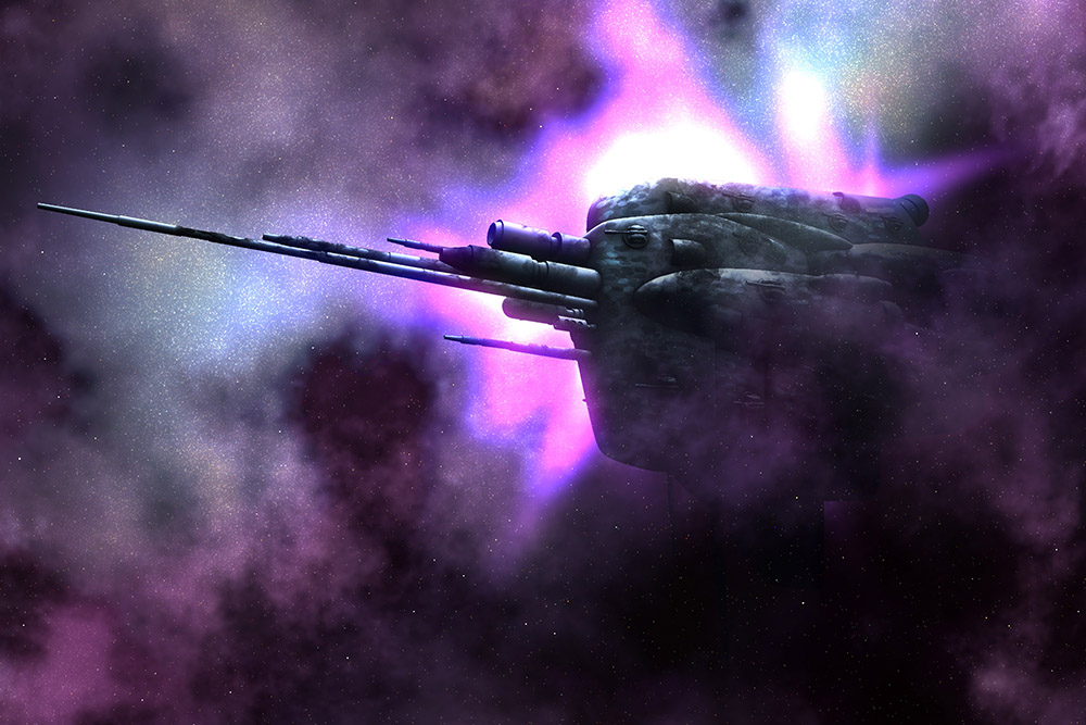 A battleship emerging from an energetic nebula