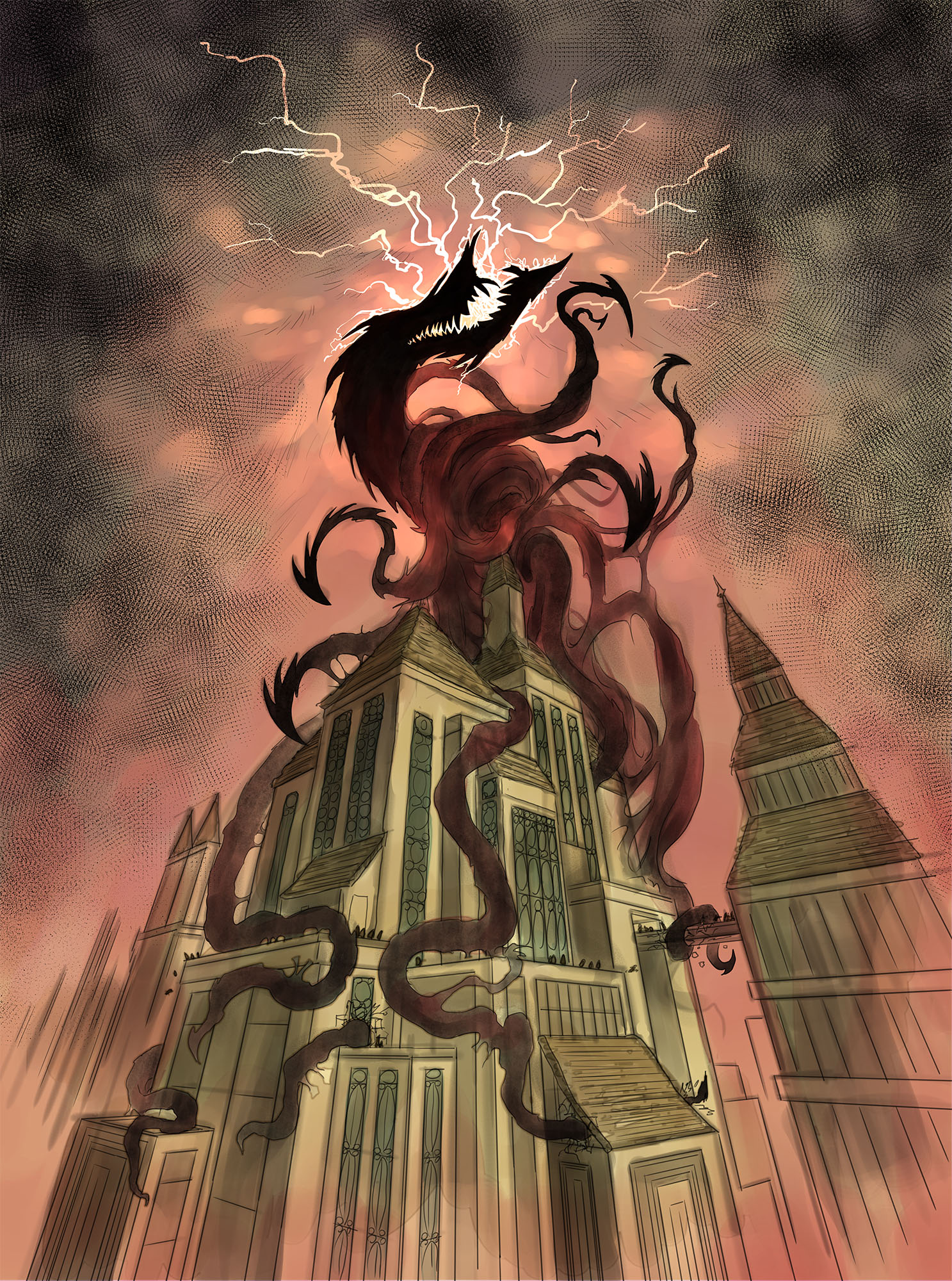 a divine-caste shadow monster devouring a building